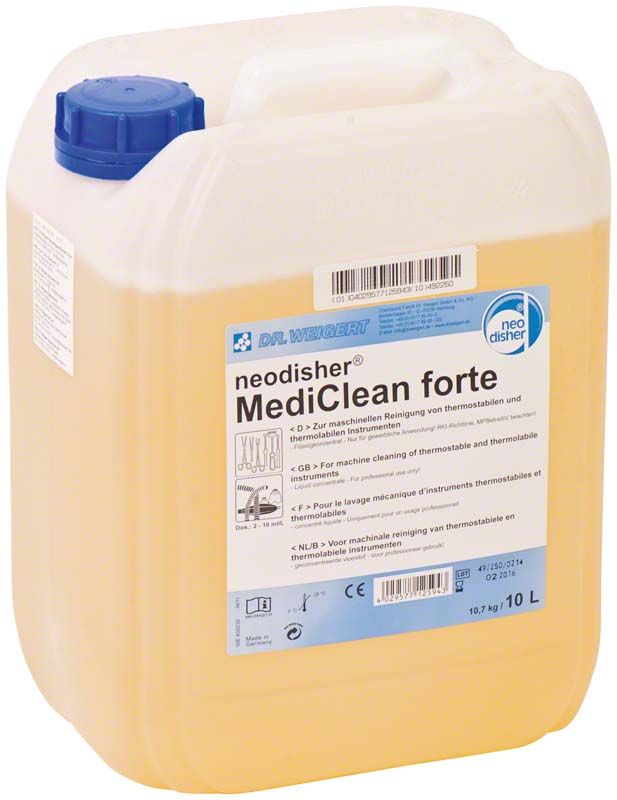 10-Liter-Kanister neodisher® MediClean forte mit blauem Schraubverschluss.
