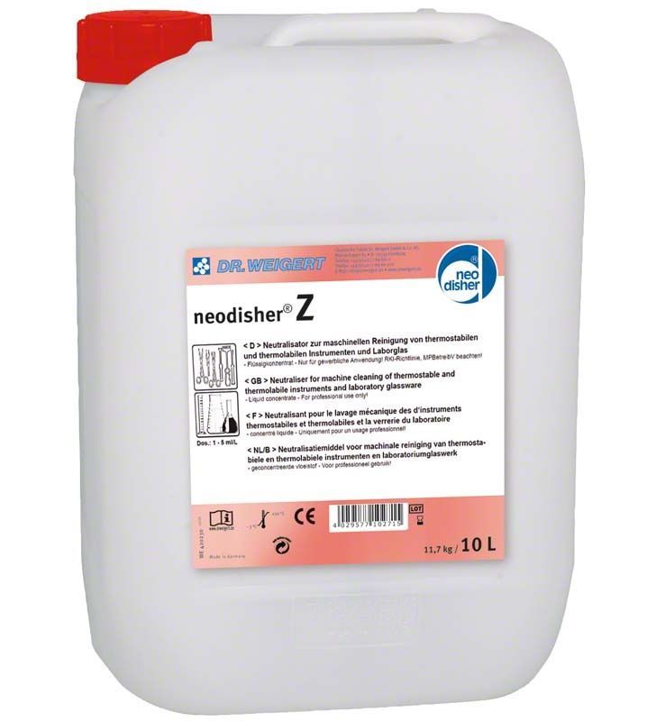Kunststoffkanister mit rotem Deckel, etikettiert als neodisher® Z 10 Liter Neutralisationsmittel.