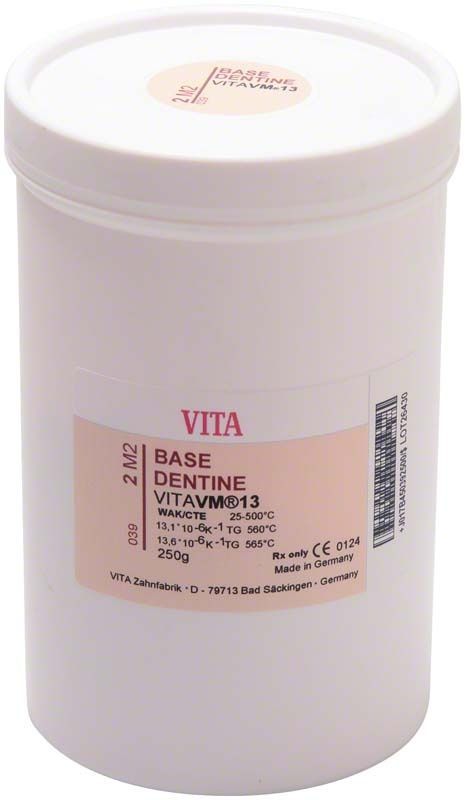 Kunststoffdose mit VM13 3D Base Dentin 250g 2M2-Aufschrift.