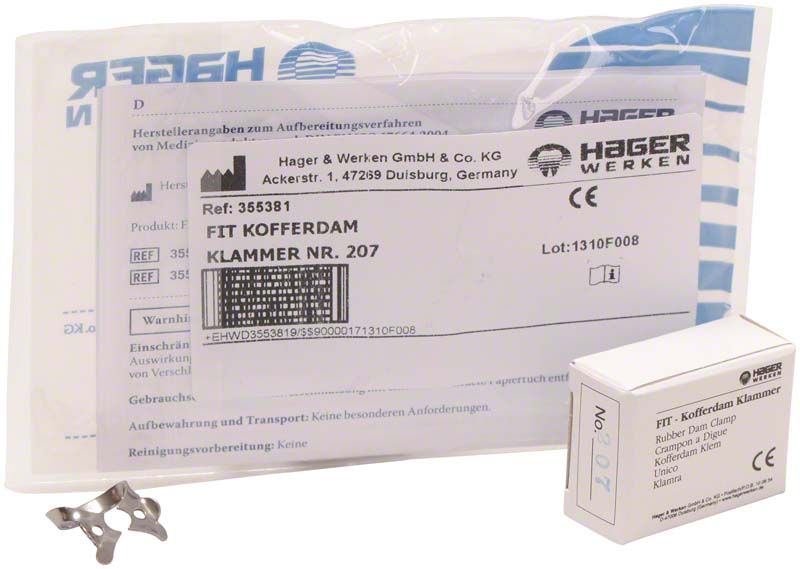 Fit-Kofferdam® Prämolarenklammer Nr. 207 mit Verpackung und Gebrauchsanweisung.