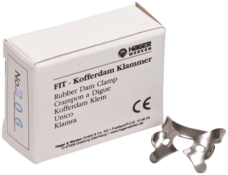 Fit-Kofferdam® Prämolarenklammer Nr. 206 aus rostfreiem Stahl mit Verpackung.