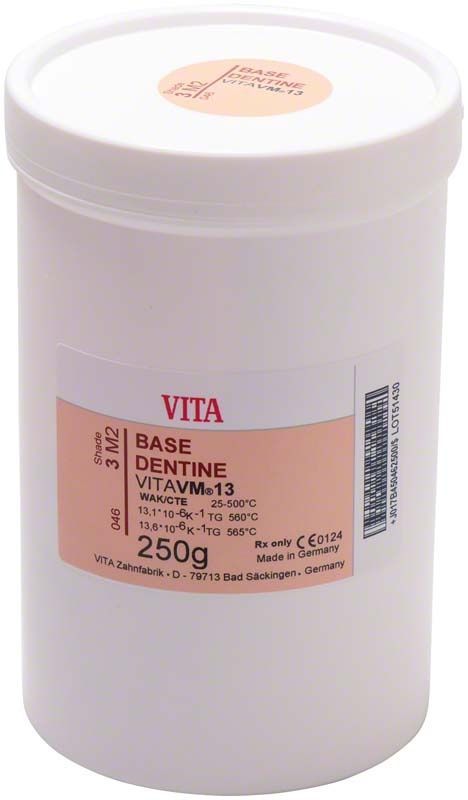 VM13 Base Dentin 250g Behälter mit Produktetikett und Herstellerinformationen.