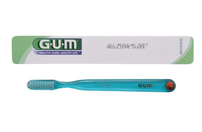GUM® Classic Zahnbürste mit flachem Borstenfeld und Gummistimulator.