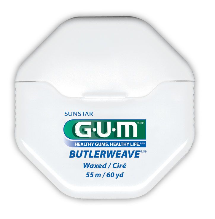 GUM® BUTLERWEAVE® Zahnseide in weißem Spender mit Logo und Produktinformationen.