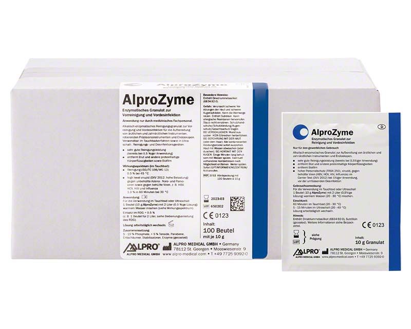 AlproZyme Reinigungsgranulat-Verpackung mit Produktinformationen und Logo.