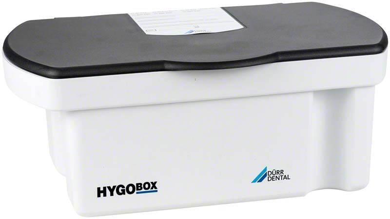 Hygobox mit anthrazitfarbenem Deckel und weißem Gehäuse für Dentalhygiene.