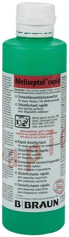 Grüne Meliseptol Rapid 250ml Dosierflasche mit Etikett und Produktinformationen.