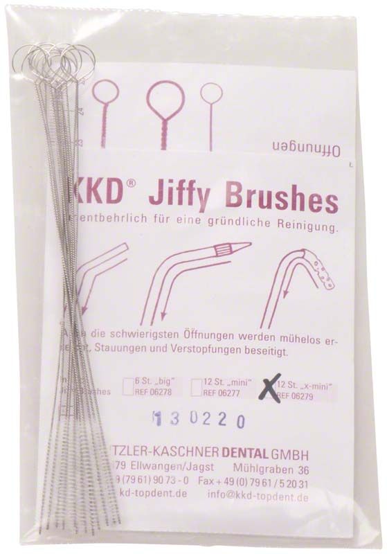 Jiffy Brushes x-mini Reinigungsbürsten für Absaugkanülen in Verpackung.