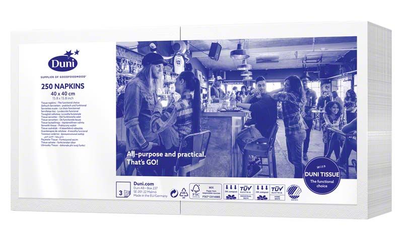 Zelltuchservietten 3-lagig, 250 Stück, Verpackung mit blauer Aufschrift.