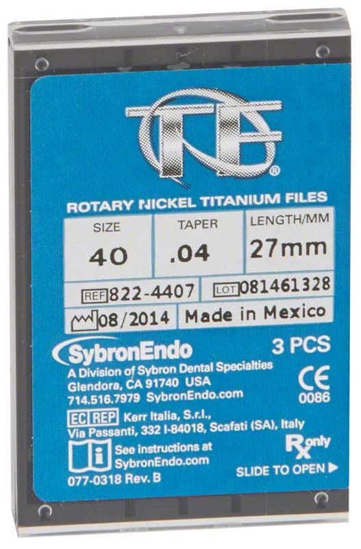 SybronEndo TF® Twisted Feilen Verpackung mit Größe 40/.04 und Länge 27mm.