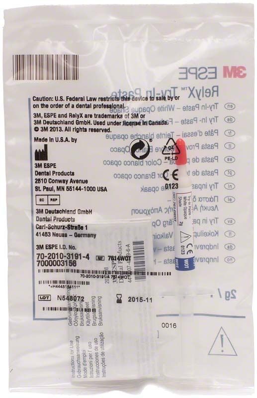 RelyX Try-In Paste weiß-opak Verpackung mit Produktinformationen.
