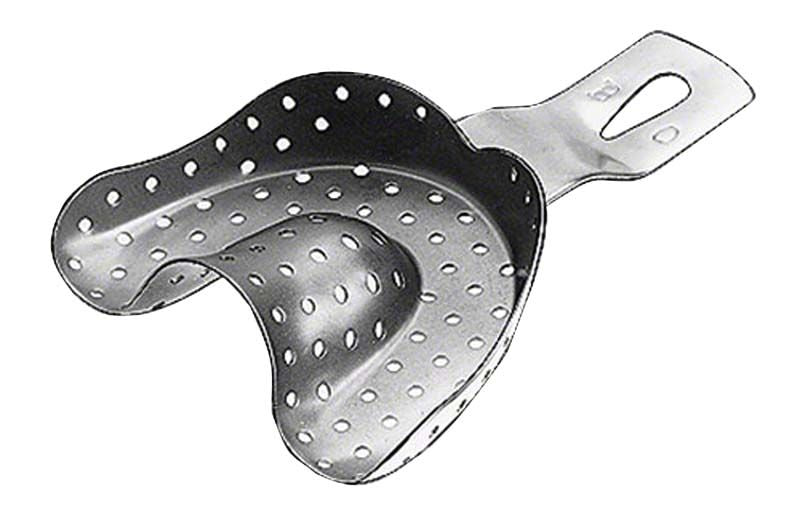 Gelochter Abdrucklöffel für Oberkiefer, rostfrei und ergonomisch geformt.