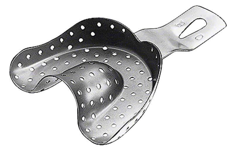 Abdrucklöffel aus Edelstahl mit Löchern für Oberkieferabdrücke.