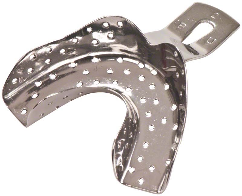 Hochwertiger gelochter Abdrucklöffel aus Edelstahl für zahnmedizinische Abdrücke.