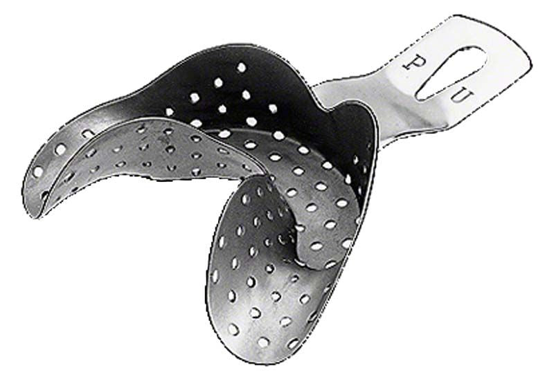 Abdrucklöffel aus Edelstahl mit gelochter Oberfläche für Zahnarztpraxen.