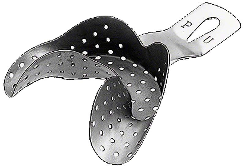 Abdrucklöffel aus Edelstahl mit gelochter Oberfläche für Dentalabdrücke.