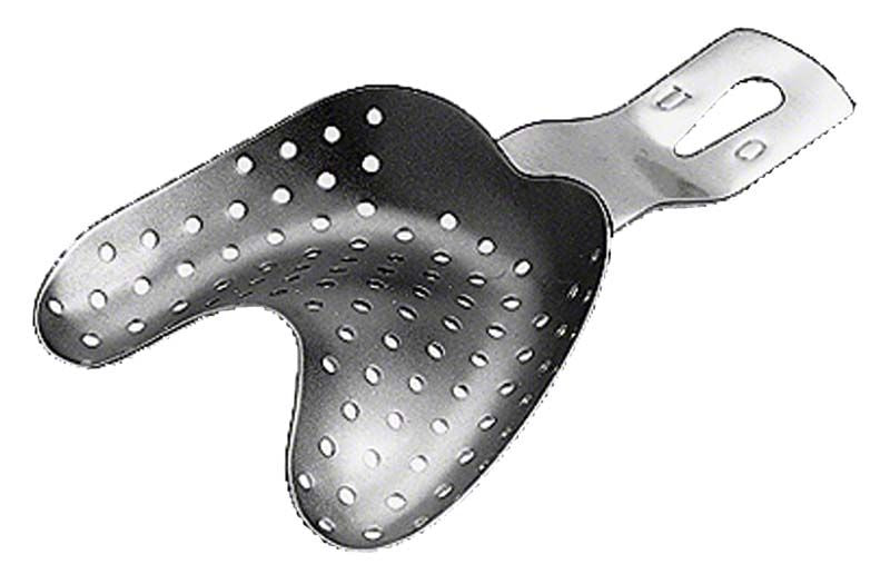 Abdrucklöffel aus Edelstahl mit Löchern für Dentalabdrücke.