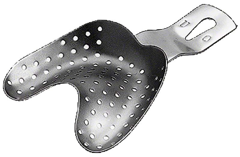 Abdrucklöffel aus Edelstahl mit Löchern für unbezahnten Oberkiefer.