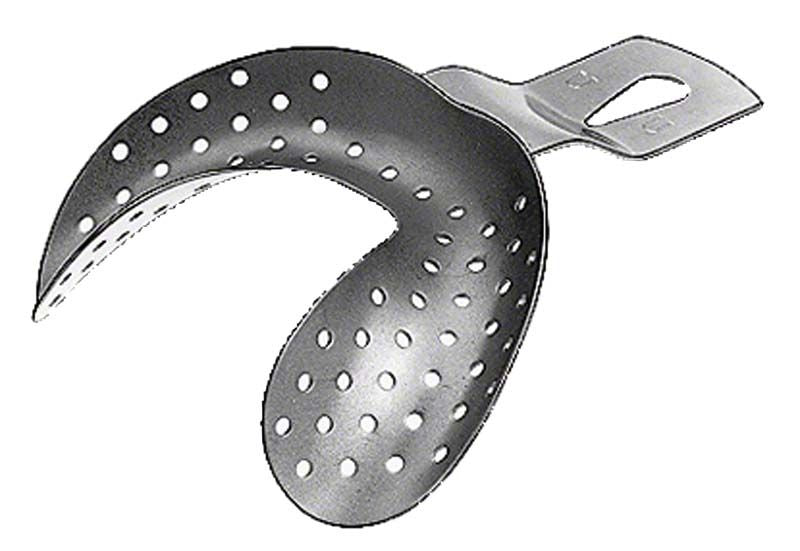 Abformlöffel aus Edelstahl mit Löchern und ergonomischem Griff.