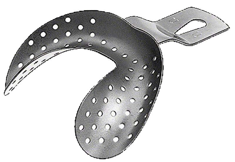 Abdrucklöffel aus Edelstahl mit Löchern und ergonomischem Griff.