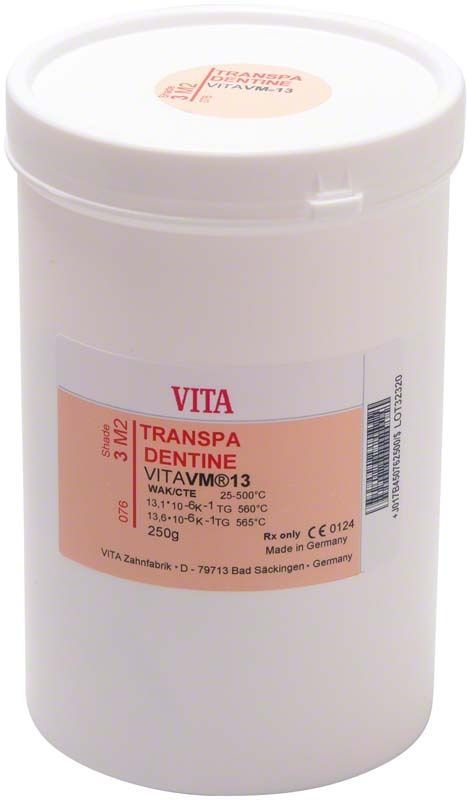 Weiße Verpackung des VM13 3D Transpa Dentin 250g von VITA.