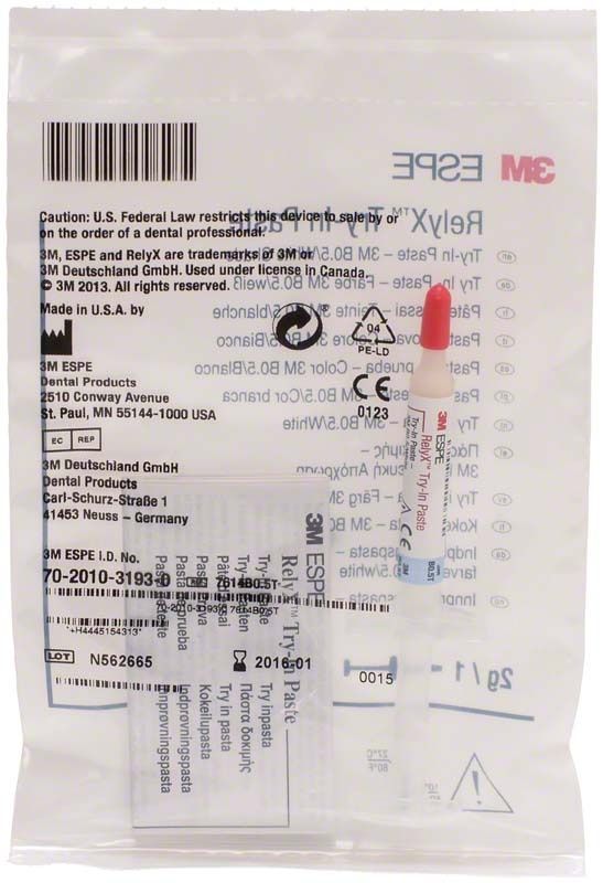 Verpackung der RelyX Try-In Paste B0.5 weiß mit Applikatoren.