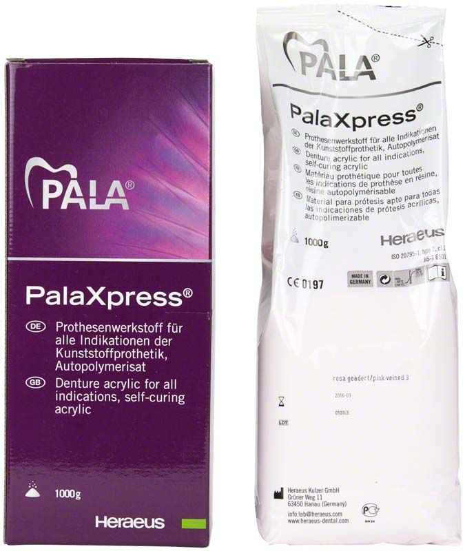 PalaXpress® Pulver 1000g rosa geadert in Verpackung mit Produktinformationen.