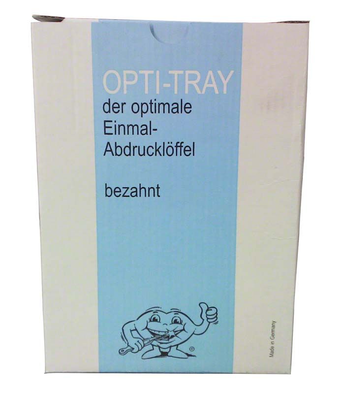 OPTI-TRAY Einmal-Abdrucklöffel Verpackung mit blauem Etikett und Grafik.