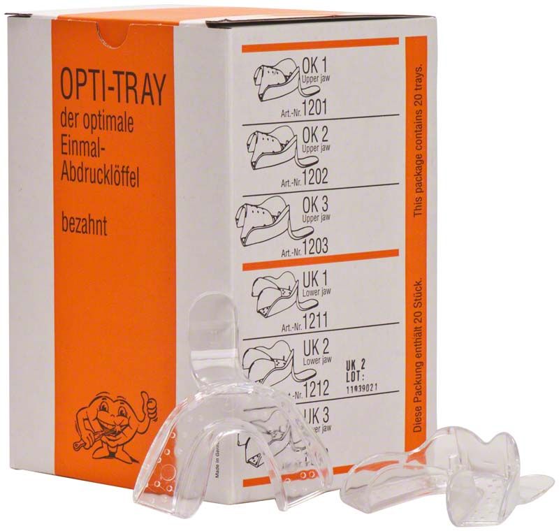 OPTI-TRAY Einmal-Abdrucklöffel Unterkiefer Gr. 2, Verpackung und Produktansicht.