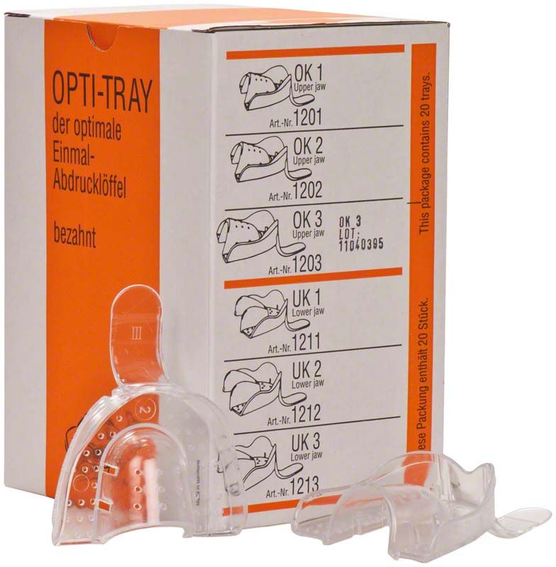 Einweg-Abformlöffel Oberkiefer Gr. 3 mit Verpackung und Größenübersicht.