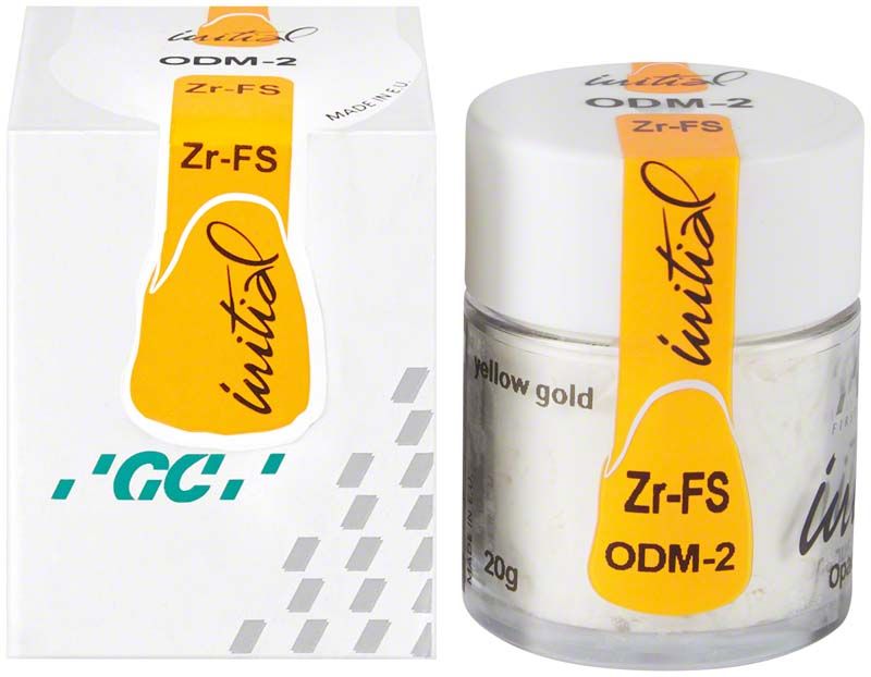GC Initial Zr-FS Opaque Dentin Modifier 20g mit gelbem Etikett und Verpackung.