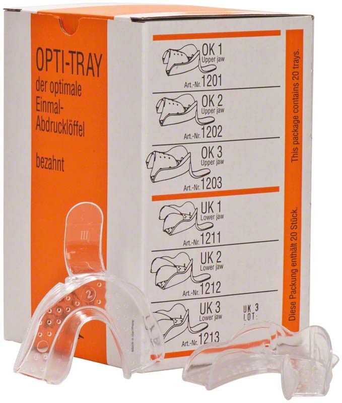 OPTI-TRAY Einmal-Abdrucklöffel Unterkiefer, Gr. 3 vor Verpackung.