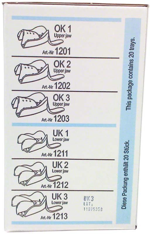 Verpackung der OPTI-TRAY Einweg-Abformlöffel Unterkiefer, Gr. 3, mit Produktillustrationen.
