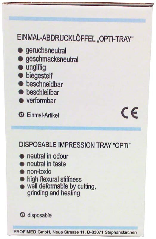 Rückseite der Verpackung des OPTI-TRAY Einweg-Abformlöffels mit Produkteigenschaften.