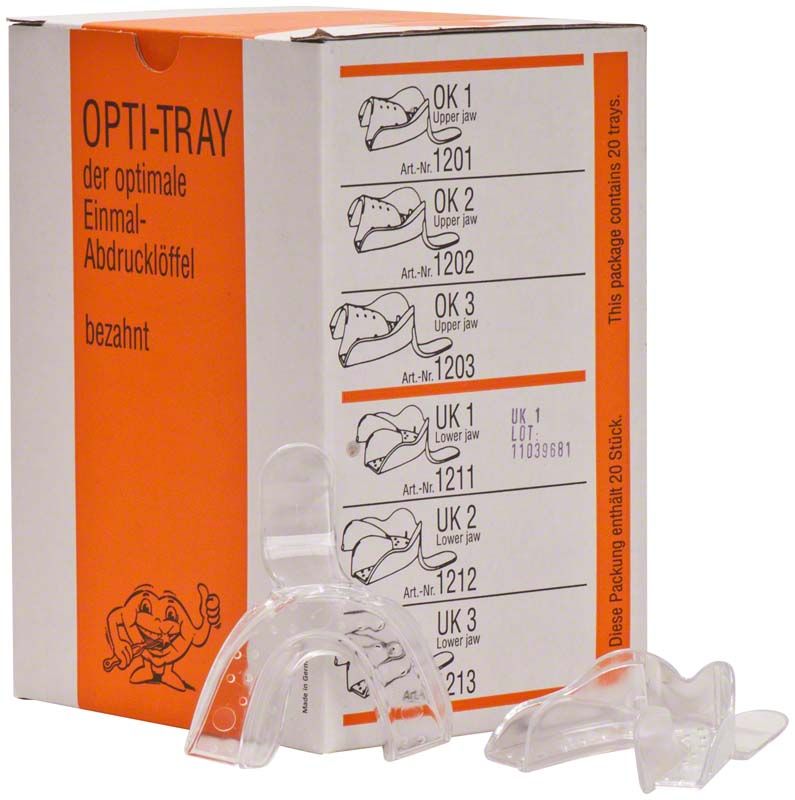 OPTI-TRAY Einmal-Abdrucklöffel für Unterkiefer, Größe 1, in Verpackung.