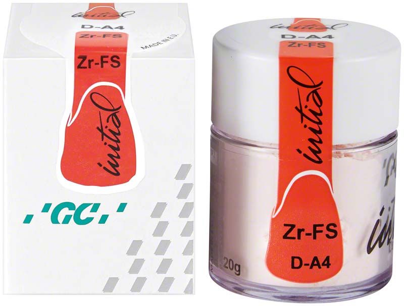 GC Initial Zr-FS Dentin 20g DA4 Keramikdose und Verpackung.
