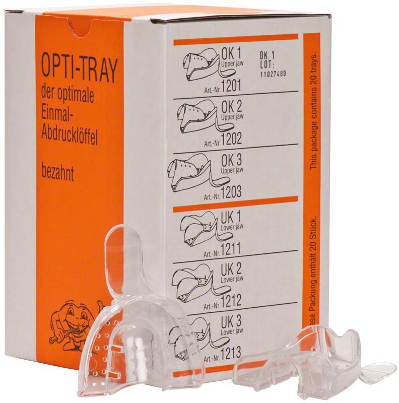 OPTI-TRAY Einmal-Abdrucklöffel Oberkiefer Gr. 1 in Verpackung.