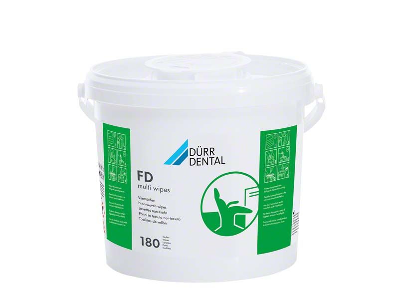 FD multi wipes Eimer von Dürr Dental mit grünem Logo und 180 Tüchern.