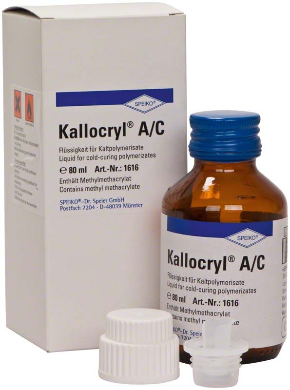 Kallocryl CPGM A/C Flüssigkeit 80ml Flasche mit Verpackung im Hintergrund.