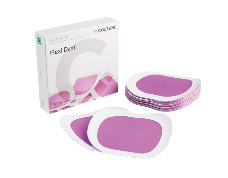 Latexfreier Kofferdam mit Rahmen und Verpackung von HYGENIC® Flexi Dam.
