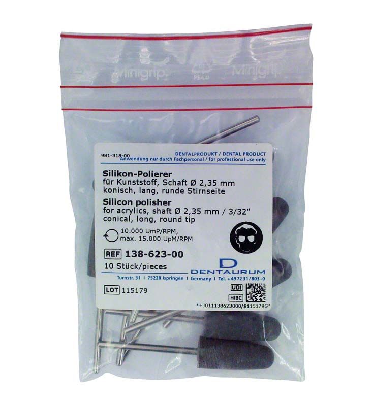 Silikon-Polierer für Dentalwerkstoffe in transparenter Verpackung.