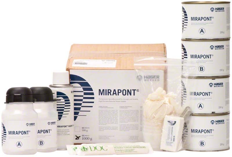 Mirapont® 4 x 250g Verpackung mit Zubehör und Dosen auf weißem Hintergrund.