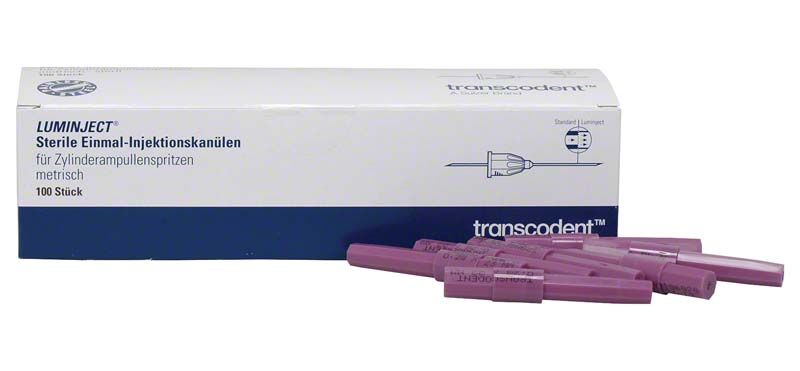Luminject 31G Einmal-Injektionskanülen in geöffneter Verpackung mit lila Kanülen.