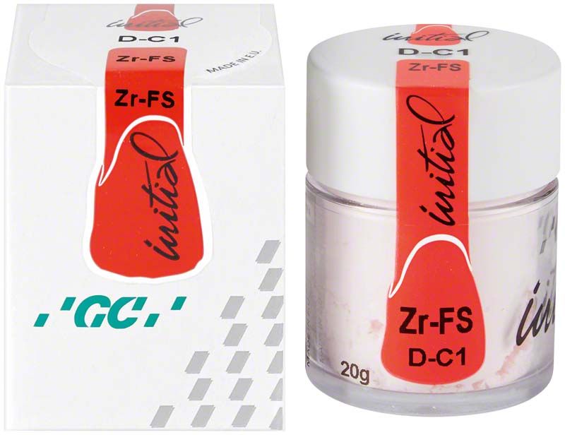 GC Initial Zr-FS Dentin 20g DC1 Verpackung und Behälter mit rotem Etikett.