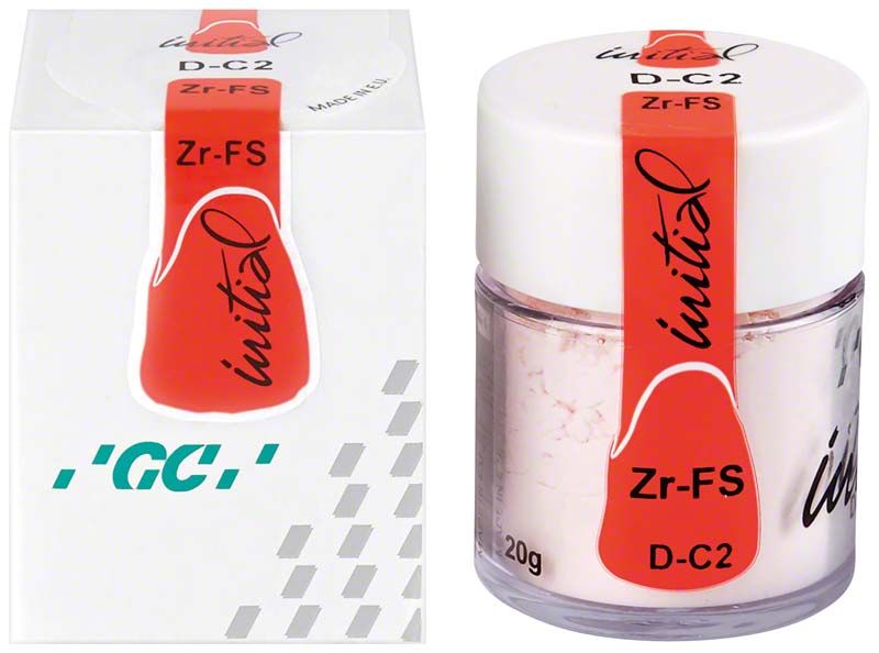 GC Initial Zr-FS Dentin 20g DC2 in weißem Behälter mit rotem Etikett.