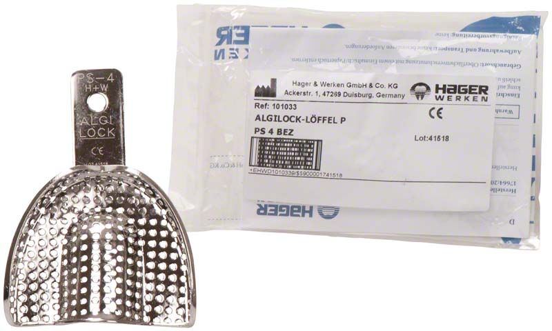 Perforierter Metall-Abformlöffel ALGILOCK®-LÖFFEL OK PS 4 mit Verpackung.