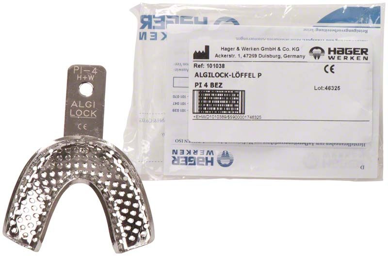 Metallischer perforierter Abformlöffel ALGILOCK®-LÖFFEL mit Verpackung.