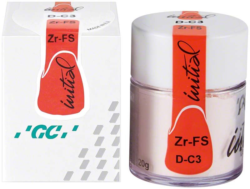 GC Initial Zr-FS Dentin 20g DC3 in weißer Verpackung mit rotem Etikett.