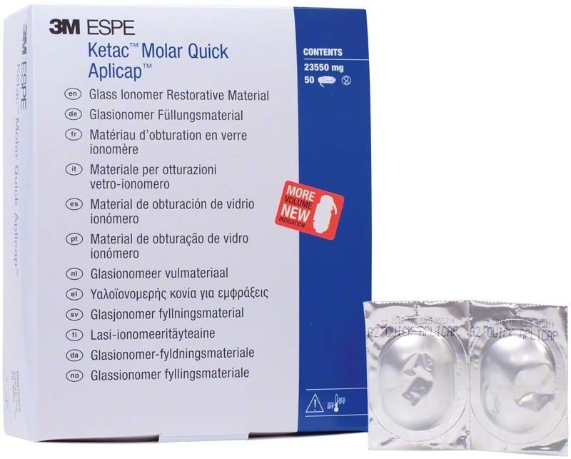 Ketac Molar Quick Aplicap Verpackung mit zwei Blistern auf weißem Hintergrund.