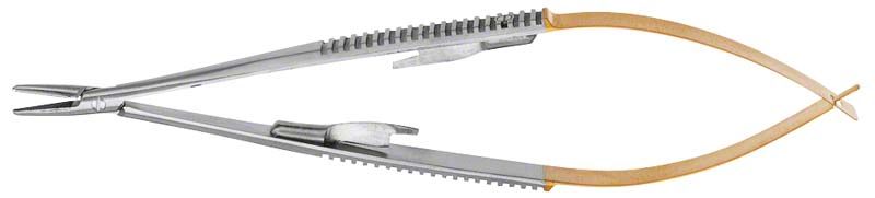 Nadelhalter mit Hartmetalleinlage und vergoldetem Griff, 14 cm Länge.